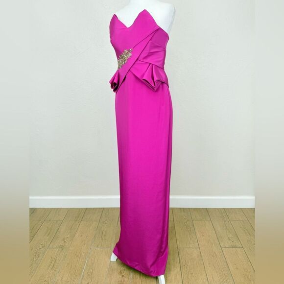 NWT Marchesa Notte Lipstick Pink Sculpted Silk Crepe Strapless Gown Maxi Dress 4 - Picture 3 of 16